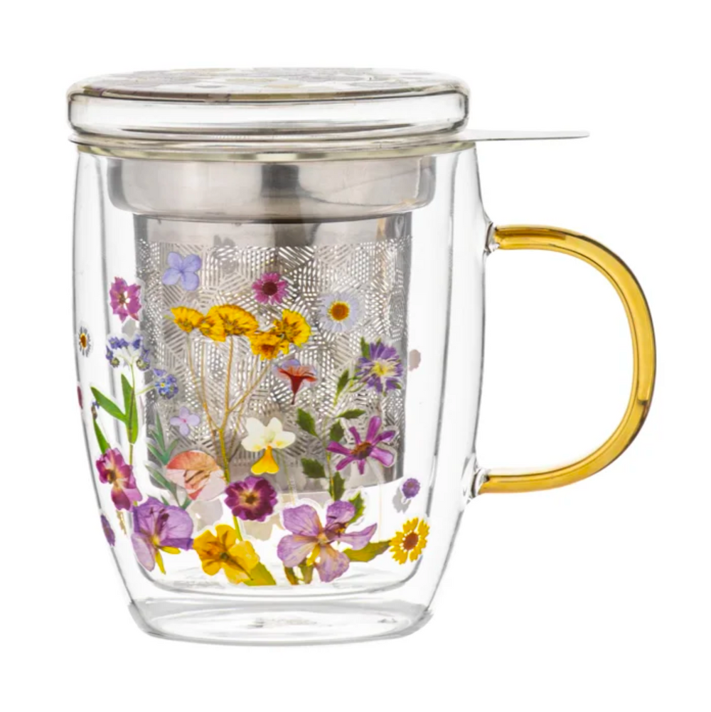 Ashdene Pressed Flowers Double-Walled Glass Infuser Mug